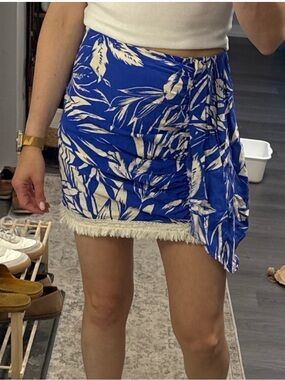 Zara Royal Blue Tropical Wrap Mini Skirt with Fringe